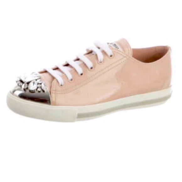 NWT MIU MIU Leather Crystal Embellishments Sneakers. Size 39 (8.5) - Picture 2 of 16